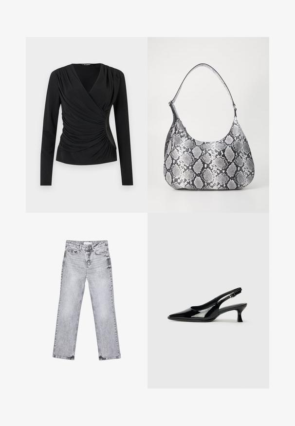 Sort langærmet top med indpakningsdesign, der har draperet stof og samlet detaljering i siderne. Glat tekstur, enkelt udskæring.; Grå denim jeans med lige ben, distressed detaljer, fem lommer og kobbernitter. Taljebåndet har et logomærke.; Sorte patenterede slingback-sko med spidse tæer og lav blokhæl. Justerbar spænde-rem ved anklen.; Sort-hvid slangemønster skuldertaske med en rund form, glat tekstur og en buet rem. Har et sølvfarvet hardware-accents.