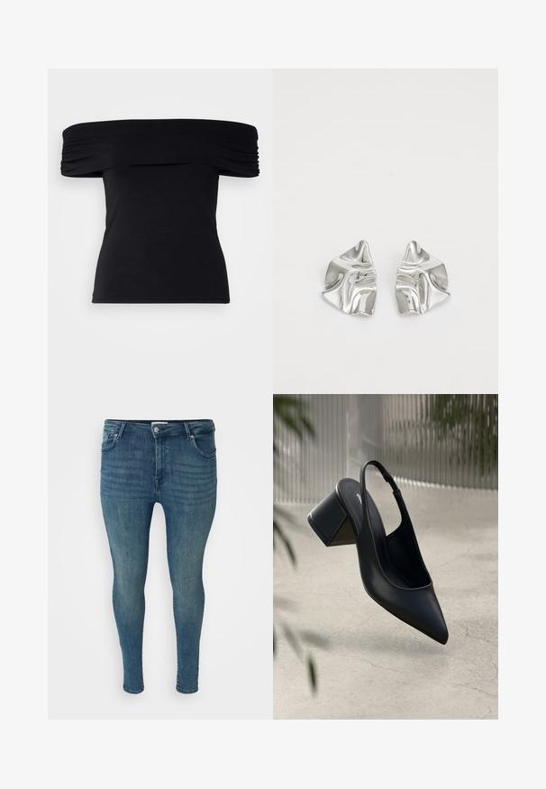 Sort off-shoulder top lavet af blødt stof. Har draperede detaljer langs ærmerne og en tætsiddende silhuet.; Slim fit jeans i mellemblå denim med en glat overflade, fem-lomme design, bæltestropper og en knaplukning i taljen.; Sort læder slingback hæl med spids tå og blokhæl. Glat tekstur, minimalistisk design og justerbar ankelrem.; Sølvmetal øreringe med et bølgende, skulpturelt design, der har en poleret overflade og uregelmæssige former, hvilket fremhæver en moderne æstetik.