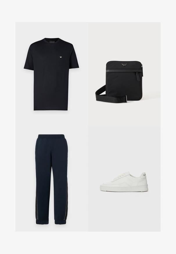 Zwart katoenen T-shirt met een ronde hals, korte mouwen en een klein goudkleurig logo op de borst. Gladde textuur, standaard pasvorm.; Marineblauwe sweatpants met een zachte textuur, taps toelopende boorden en mesh zijpanelen. Elastische tailleband voor comfort en een casual pasvorm.; Witte leren sneaker met een gladde afwerking, ronde neus, platte veters en een gestructureerde zool. Kenmerkt zich door een subtiel logo op de hiel.; Zwarte vierkante schoudertas met ritssluiting, voorvak en verstelbare band met geperste merknaam.