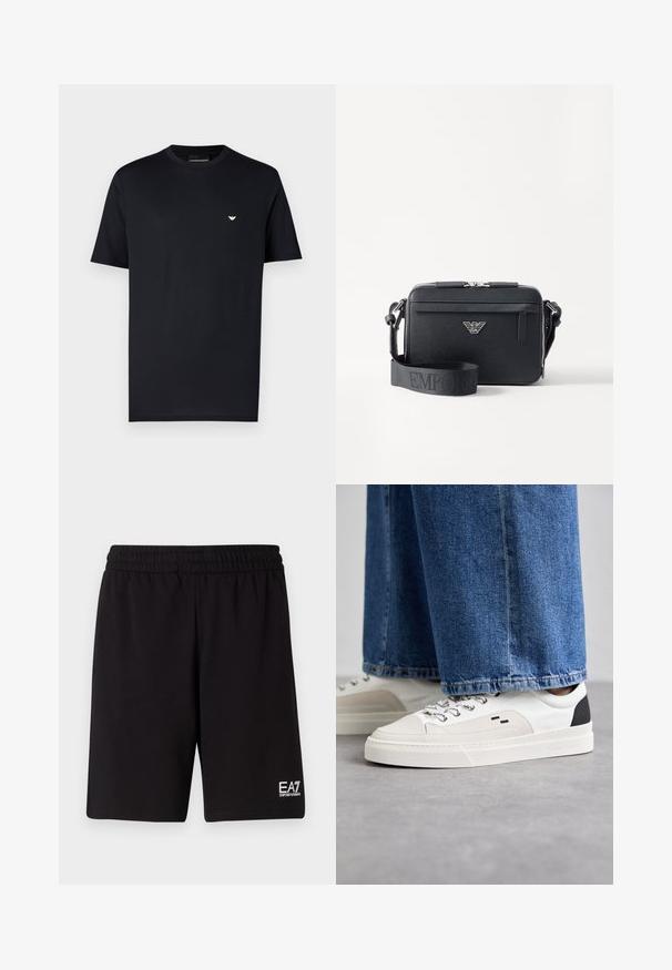 T-shirt en coton noir avec col rond, manches courtes et petit logo doré sur la poitrine. Texture lisse, coupe standard.; Shorts de sport noirs en tissu doux, avec une taille élastique et un petit logo blanc en bas à droite.; Baskets blanches et noires avec une tige en cuir lisse, des accents texturés et une semelle épaisse blanche. Présentent un design classique à lacets.; Sac bandoulière noir en matériau texturé. Comprend une fermeture zippée, une poche zippée à l'avant et un accent en métal avec logo. Inclut une bandoulière réglable.