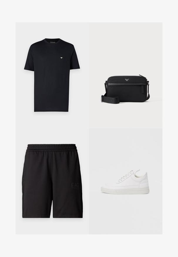 Camiseta negra de algodón con cuello redondo, mangas cortas y un pequeño logo dorado en el pecho. Textura suave, ajuste estándar.; Pantalones cortos deportivos negros hechos de un tejido ligero, con una cinturilla elástica y paneles laterales de malla. Logo de la marca impreso en la parte delantera.; Zapatilla blanca de cuero con punta redondeada, suela plana y cierre de cordones. Presenta detalles de costuras y un cuello acolchado para mayor comodidad.; Bolso bandolera rectangular negro con bolsillo frontal con cremallera, correa ajustable y pequeño logo metálico en el centro superior.