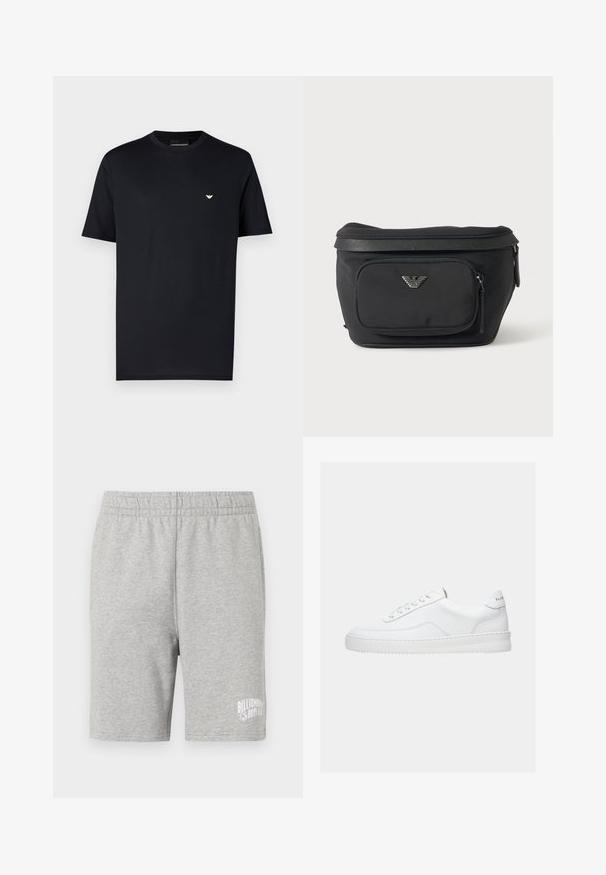 Camiseta negra de algodón con cuello redondo, mangas cortas y un pequeño logo dorado en el pecho. Textura suave, ajuste estándar.; Pantalones cortos de algodón grises con una cinturilla elástica y un logo blanco en la parte inferior derecha. Textura suave, diseño a la altura de la rodilla.; Zapatilla deportiva blanca de corte bajo con diseño con cordones, parte superior de cuero liso y suela gruesa, vista de lado sobre un fondo liso.; Riñonera negra con bolsillo frontal con cremallera y logo de águila plateado, tela lisa con ribete texturizado y tiradores de cremallera.