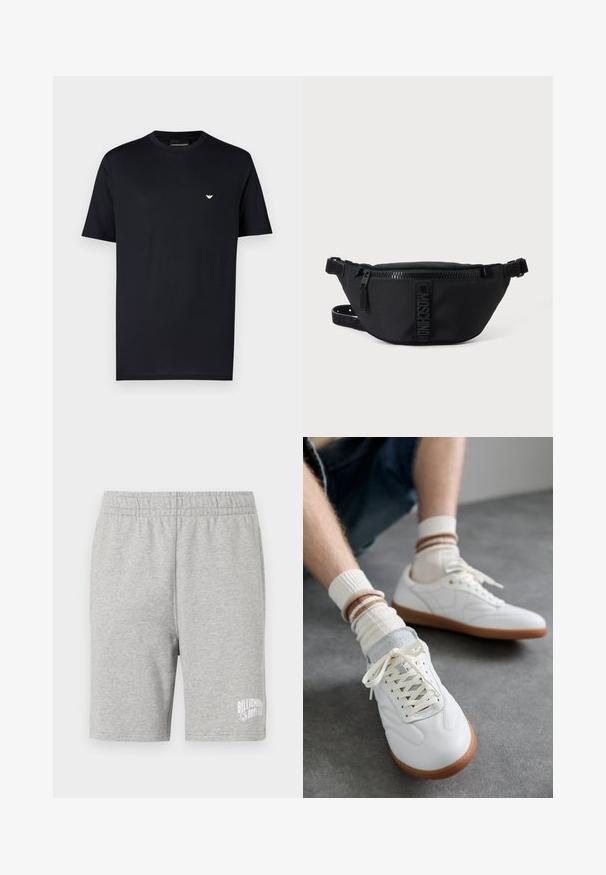 Schwarzes Baumwoll-T-Shirt mit Rundhalsausschnitt, kurzen Ärmeln und kleinem goldenem Logo auf der Brust. Glatte Textur, Standardpassform.; Graue Baumwollshorts mit einem elastischen Bund und einem weißen Logo auf der unteren rechten Seite. Weicher Stoff, knielanger Schnitt.; Weiße Ledersneaker mit glatter Textur, grauen Wildlederelementen, beigen Gummisohlen und flachen Schnürsenkeln. Kombiniert mit cremefarbenen und braun gestreiften Socken.; Schwarze Moschino Bauchtasche mit Frontreißverschluss und verstellbarem Riemen auf einfachem hellem Hintergrund.