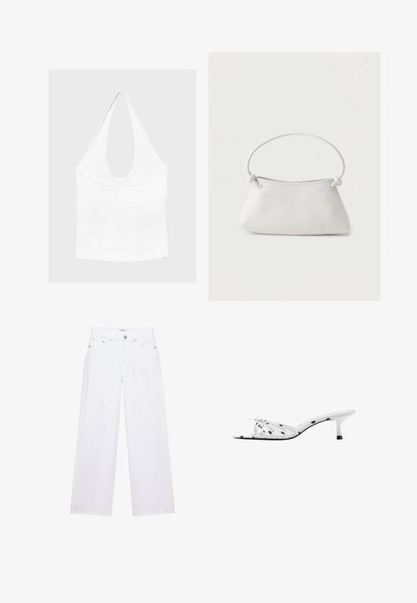 Haut blanc sans manches à encolure américaine, avec un profond col rond et une taille cintrée, présenté sur un fond clair et uni.; Jean blanc taille haute à jambes larges avec fermeture à boutons et zip, poches avant et arrière, et détails en rivets argentés.; Sandale blanche à talon avec des pois noirs, bout ouvert, fines brides et un petit nœud à l'avant, vue de profil.; Sac à main en cuir tressé blanc avec poignée arrondie et extrémités de lanière nouées, présenté sur un fond uni.