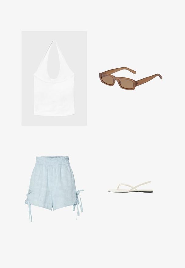 Hvid ærmeløs haltertop med dyb, rund udskæring og tætsiddende talje, vist mod en enkel lys baggrund.; Lyseblå gingham shorts med elastisk talje. Har sidelæg og en afslappet pasform. Fremstillet af blød, letvægtsstof.; Hvid flad sandal med tynde krydsede remme og en strop bagpå, vist i sideprofil på en hvid baggrund.; Brune, rektangulære solbriller med en gennemsigtig ramme, slanke tempelstænger og tonede linser, der har en glat tekstur og et moderne design.