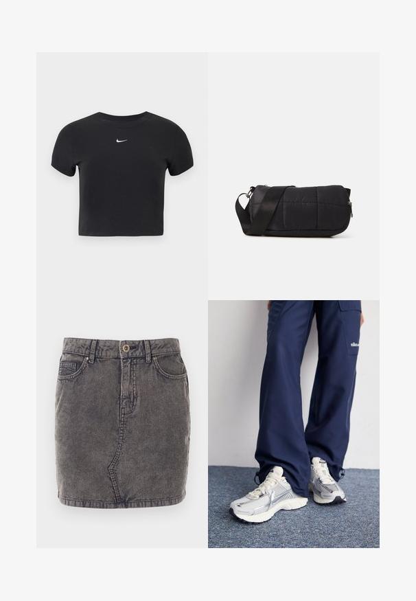 Schwarzes, kurz geschnittenes T-Shirt aus Baumwolle mit rundem Ausschnitt und kurzen Ärmeln. Auffälliges weißes Nike-Logo auf der Brust.; Grauer Denimrock mit vertikaler Rippstruktur, ausgestattet mit einer vorderen Knopfleiste, zwei seitlichen Taschen und einem geraden Saum.; Nike Sportschuhe mit einem silbernen Mesh-Obermaterial, weißen Akzenten und strukturierten Sohlen, kombiniert mit locker sitzenden marineblauen Hosen.; Schwarze, gepolsterte Tasche in zylindrischer Form, aus weichem Material gefertigt. Mit einem schwarzen Tragegurt und silberner Hardware ausgestattet. Mit Reißverschlussverschluss.