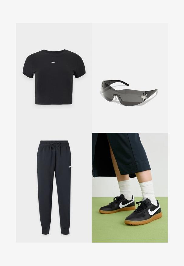 Schwarzes, kurz geschnittenes T-Shirt aus Baumwolle mit rundem Ausschnitt und kurzen Ärmeln. Auffälliges weißes Nike-Logo auf der Brust.; Schwarze Nike Jogginghose mit elastischem Bund und Kordelzug, schmal zulaufenden Beinen, Bündchen an den Knöcheln und kleinem weißen Nike-Swoosh am rechten Oberschenkel.; Schwarze Leder- und synthetische Sneakers mit weißem Nike-Swoosh, Gummisohle, runder Spitze und schwarzen Schnürsenkeln. Gestreifte weiße Socken sind sichtbar.; Schwarze Sonnenbrille mit wrap-around Design, dunkel getönten Gläsern, glänzenden, sternförmigen Akzenten und verstellbaren Nasenpads.