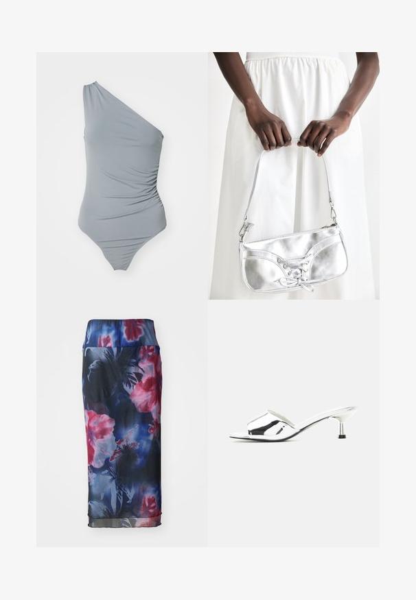 Maillot de bain gris à une épaule avec texture froncée, tissu lisse et design de jambe à haute coupe. Esthétique simple et minimaliste.; Jupe à motifs floraux bleu foncé, présentant des nuances de rose et de violet, en tissu léger avec une texture lisse et une taille élastique.; Sandale argentée à bout ouvert, mule avec petit talon kitten et finition métallique brillante sur fond neutre.; Sac à main en métal argenté avec un détail à lacets, arborant un design épuré et une courte sangle. Le sac est tenu dans les mains, mettant en valeur sa texture.
