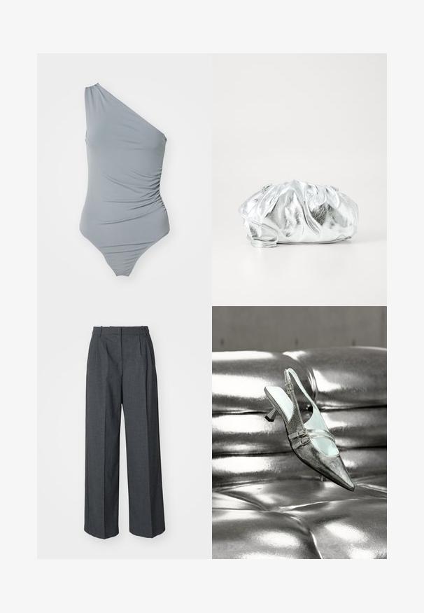 Ühe õlaga hall ujumistrikoo, millel on kogutud tekstuur, sile kangas ja kõrge lõikega jala disain. Lihtne ja minimalistlik esteetika.; Vero Moda VMMADJA WIDE PANT - Püksid - dark grey melange; Hõbedased kõrgete kontsadega tagant avatud kingad kahe pandlaga, mis asuvad läikival, tuftitud hõbedasel nahal.; Metallik hõbedane vist välja kott pehme, kokku korjatud kehaga ja õhukese õlavarre rihmaga. Omab siledat, läikivat tekstuuri ja ümmargust kuju.