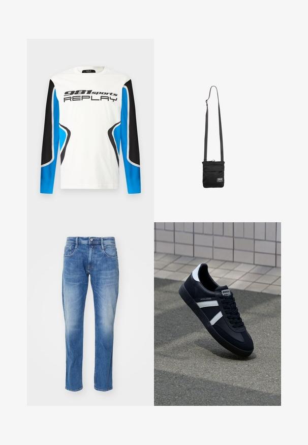 Camisa deportiva de manga larga con el frente blanco, paneles de mangas en negro y azul, y el logotipo "981 sports REPLAY" impreso en el pecho.; Jeans de mezclilla azul claro con corte recto, diseño de cinco bolsillos, un ligero desgastado y una cinturilla estándar con cierre de botón.; Zapatilla de cuero negra con rayas blancas, suela de goma texturizada y parte frontal con cordones. Cuenta con una etiqueta de marca en la lengüeta.; Bolso cruzado negro con correa ajustable y pequeña etiqueta rectangular blanca con logo en la parte inferior delantera.