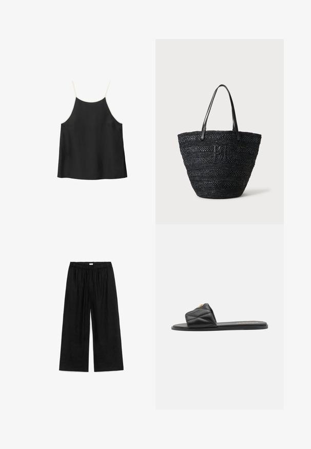 Top tipo camisola negro sin mangas con finas tirantes blancas y ajuste holgado sobre fondo blanco.; Pantalones negros de pierna ancha con cintura elástica, corte holgado y largo hasta el tobillo, extendidos sobre un fondo blanco.; Sandalia deslizante negra acolchada con suela plana, que presenta un acento dorado en la correa. Fabricada con material sintético de textura suave.; Bolso tote tejido negro con dos asas finas de cuero y un discreto logo trenzado en la parte delantera, colocado sobre un fondo claro.