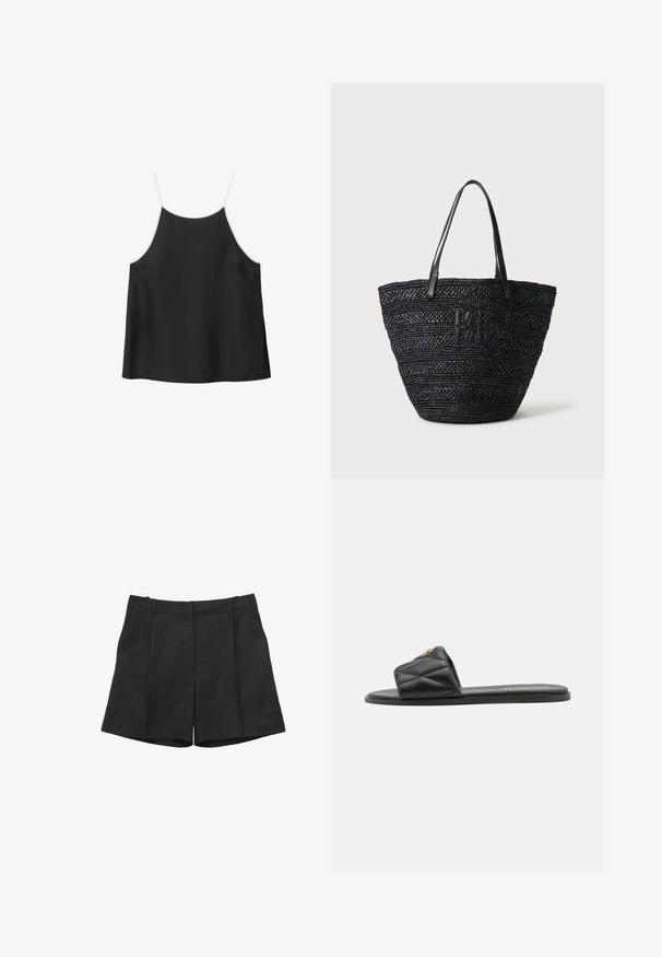 Haut caraco noir sans manches avec fines bretelles blanches et coupe ample sur fond blanc.; Short noir sur mesure avec plis devant, passants de ceinture et poches latérales, présenté sur un fond blanc.; Sandale à glissière noire matelassée avec une semelle plate, ornée d'un accent doré sur la sangle. Fabriquée en matériau synthétique avec une texture lisse.; Sac cabas tissé noir avec deux fines poignées en cuir et un logo tressé discret à l'avant, posé sur un fond clair.