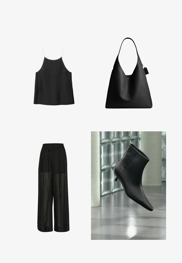 Haut caraco noir sans manches avec fines bretelles blanches et coupe ample sur fond blanc.; Pantalons larges noirs en tissu transparent, avec une taille élastique et un cordon de serrage pour un ajustement réglable et une texture lisse.; Bottine en cuir noir à bout pointu et petit talon kitten, présentée en angle devant un sol poli et un mur en blocs de verre.; Sac cabas en cuir noir Coach avec une bandoulière simple et une petite étiquette suspendue sur le côté droit.