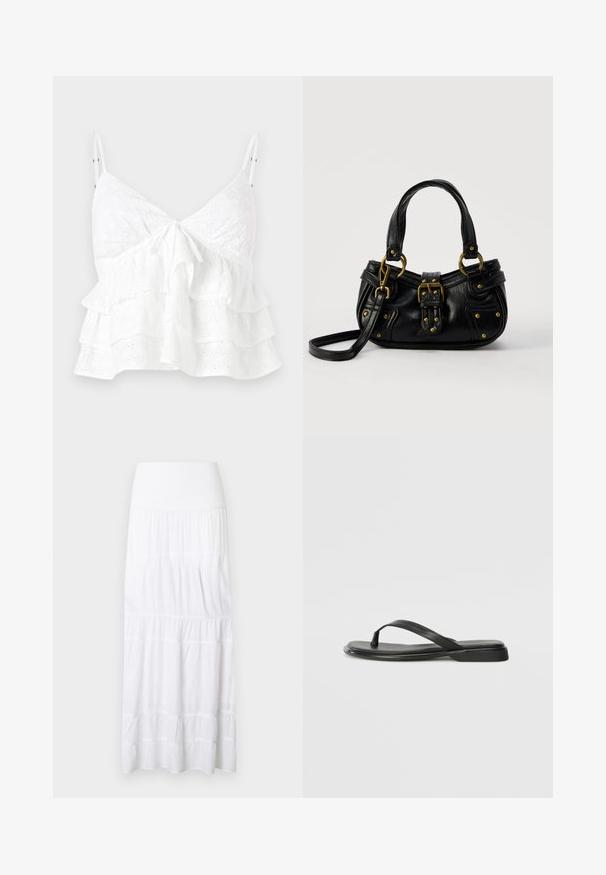 Weißes ärmelloses Oberteil mit V-Ausschnitt, vorderem Knoten-Detail und schichteten Rüschen mit durchgehender Lochstickerei.; Weißer, mehrlagiger Maxirock aus leichtem Stoff. Verfügt über einen elastischen Bund und eine subtile Textur mit horizontalen Nähten.; Schwarze Flip-Flops aus glattem Leder, mit einem dünnen Riemendesign und einer flachen Sohle mit minimalem Profil. Keine bemerkenswerten Muster oder Akzente.; Schwarze Lederhandtasche mit goldener Schnalle und Nieten, kurzen Griffen und einem verstellbaren Schultergurt vor einem schlichten weißen Hintergrund.