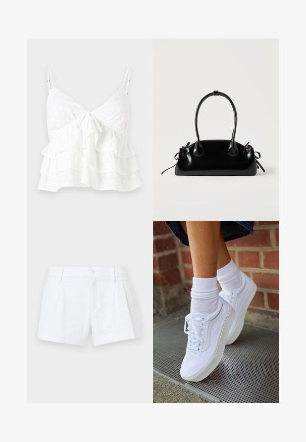 Witte mouwloze top met een V-hals, een strikdetail aan de voorkant en gelaagde ruches met oogjes borduursel overal.; Witte linnen shorts met plooien, een knoopsluiting en zijzakken. Heeft een tailormade snit en een gladde textuur.; Witte canvas sneakers met rubberen zolen, voorzien van zes vetertjes, een ronde neus en lichte stikdetails, gecombineerd met witte enkelsokken.; Kleine zwarte glanzende handtas met twee lange hengsels en zijkant trekkoord details op een effen lichte achtergrond.