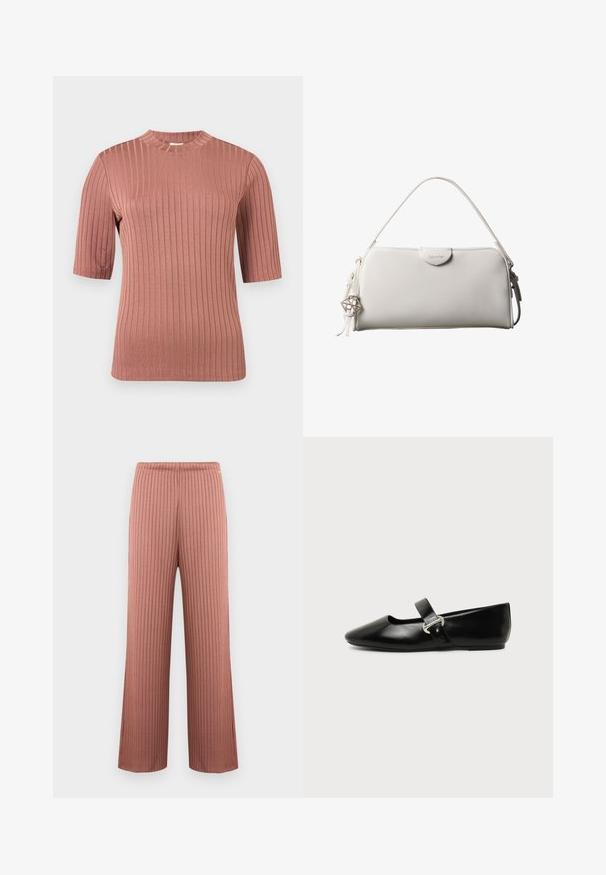 Haut à manches courtes rose poussiéreux à côtes avec col montant, silhouette ajustée et texture tricotée verticale.; Pantalon en maille côtelée à jambes larges couleur rose poudré avec une taille élastique et de fines rayures verticales, présenté sur un fond uni.; Chaussure plate Mary Jane en cuir noir avec bout arrondi et bride à boucle argentée sur fond uni.; Sac à main rectangulaire blanc Calvin Klein avec une seule poignée, design minimaliste et pampilles décoratives avec un charm métallique géométrique sur le côté.