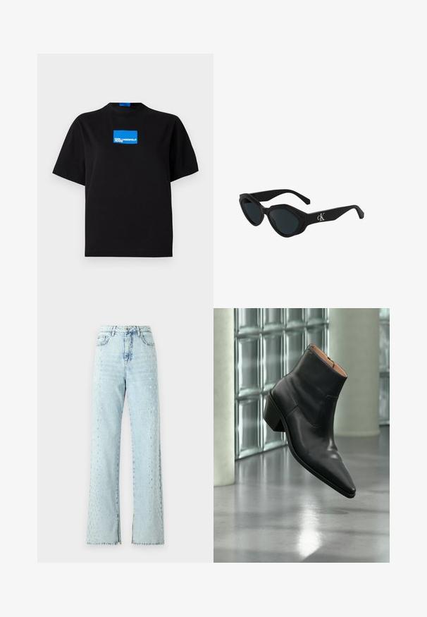 Čierne bavlnené tričko s okrúhlym výstrihom, na prednej strane s modrým obdĺžnikovým grafickým logom s nápisom "KARL LAGERFELD JEANS".; Svetlomodré džínsy s širokým strihom, s rozptýleným vzorom kryštálov pozdĺž strán a s miernym obšívaním na okrajoch.; Čierna kožená členková obuv s ostrou špičkou a blokovým podpätkom vznášajúca sa nad odrazovou sivou podlahou pri stene zo sklenených blokov.; Čierne slnečné okuliare v štýle mačacích očí s lesklým povrchom, tmavými sklami a logom "cK" na spánku. Ostrý dizajn a hrubé rámy.