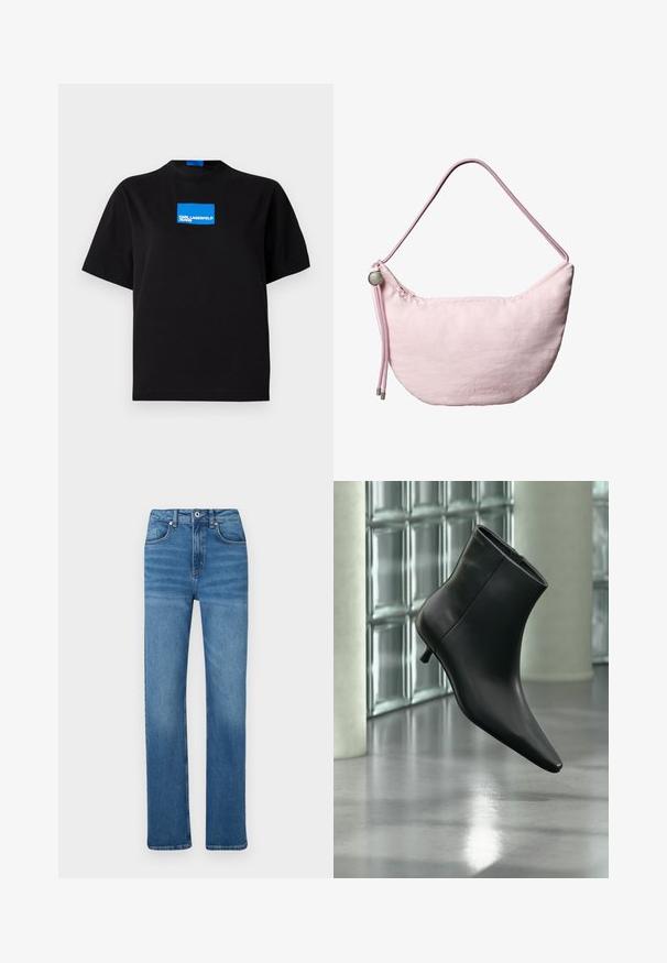 Čierne bavlnené tričko s okrúhlym výstrihom, na prednej strane s modrým obdĺžnikovým grafickým logom s nápisom "KARL LAGERFELD JEANS".; Modré denimové džínsy s rovný strihom, s gombíkovým a zipsovým zapínaním, piatimi vreckami a jemným vyblednutím pozdĺž nohavíc.; Čierna kožená členková čižma so špicatou špičkou a nízkym kitten podpätkom, zobrazená šikmo na pozadí leštenej podlahy a steny zo sklenených blokov.; Mäkká ružová ramenná taška v tvare polmesiaca s nastaviteľným popruhom zo šnúry, kovovým zarážkou a nenápadným vyrazeným logom „cK“ na prednej stredovej časti.
