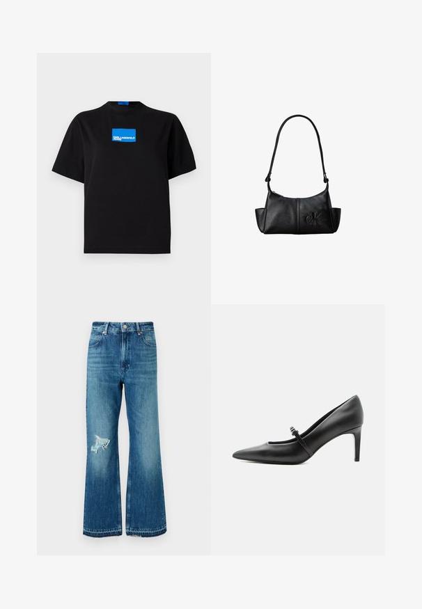 Schwarzes Baumwoll-T-Shirt mit Rundhalsausschnitt, auf der Vorderseite mit einem blauen rechteckigen Grafiklogo mit der Aufschrift "KARL LAGERFELD JEANS".; Blaue, ausgestellt geschnittene Denim-Jeans mit ausgefranstem Saum und einem distressed Patch am linken Oberschenkel. Verfügt über ein klassisches Fünf-Taschen-Design und Metallknöpfe.; Schwarzer Leder-Pumps mit spitzer Zehenpartie, dünnem Riemen und Schnalle über dem Spann, stehend auf hellem neutralem Hintergrund.; Schwarze Leder-Schultertasche mit langem Träger, Seitentaschen und eingeprägtem Calvin Klein-Logo auf der Vorderseite.