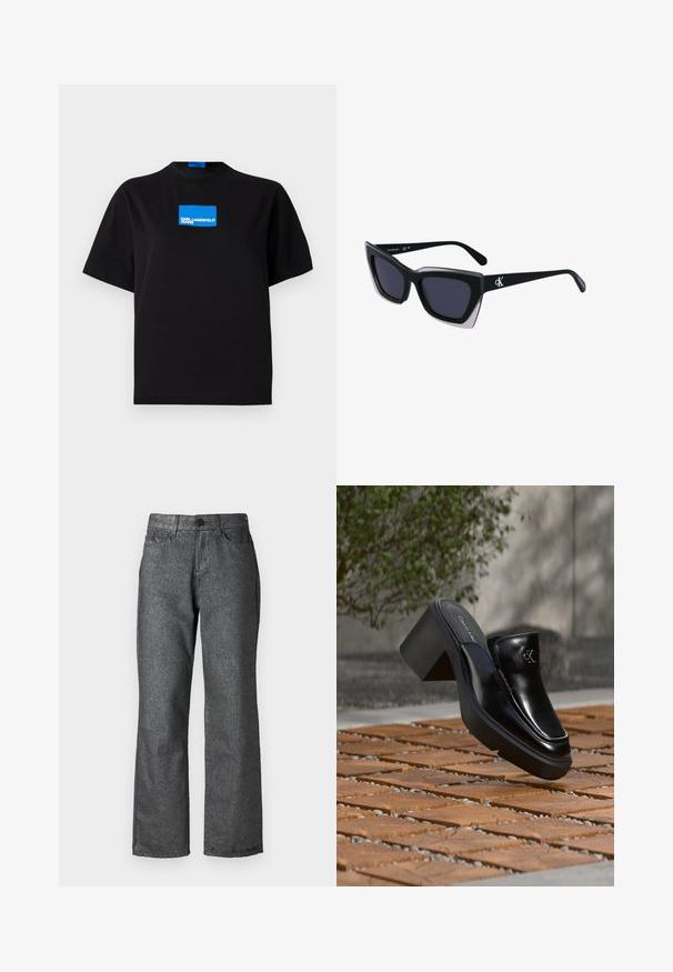 Čierne bavlnené tričko s okrúhlym výstrihom, na prednej strane s modrým obdĺžnikovým grafickým logom s nápisom "KARL LAGERFELD JEANS".; Sivé džíny z denimu s jemným leskom, priamy strih, päť vreciek, zapínanie na gombík a viditeľné švy.; Čierne kožené šľapky Calvin Klein s blokovým podpätkom, ktoré oddychujú na drevených dlaždiciach vonku blízko zelenej rastliny a šedej steny.; Čierne oversized slnečné okuliare s geometrickým tvarom, s tmavými šošovkami a kontrastným šedým detailom na ráme. Logo na mostíku.
