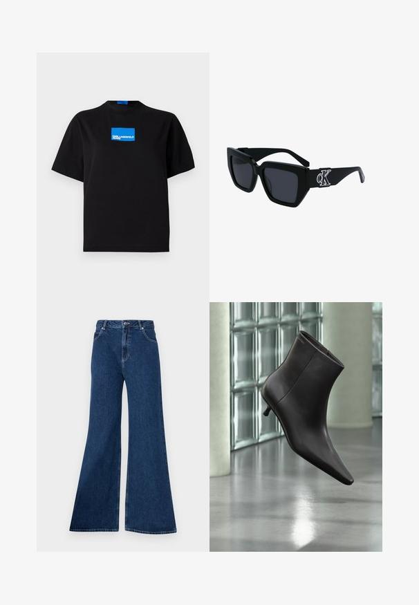 Čierne bavlnené tričko s okrúhlym výstrihom, na prednej strane s modrým obdĺžnikovým grafickým logom s nápisom "KARL LAGERFELD JEANS".; Nažehlené modré džínsy z denimu, s vysokým pásom, dizajnom s piatimi vreckami, kontrastným prešívaním a zipsom s gombíkovým zapínaním.; Čierna kožená členková obuv s ostrou špičkou a nízkym podpätkom, zobrazená na pozadí steny zo sklenených blokov a leštenej podlahy.; Čierne slnečné okuliare s hranatým rámom, tmavé šošovky, matný povrch a strieborný detail loga CK na bočnej strane.