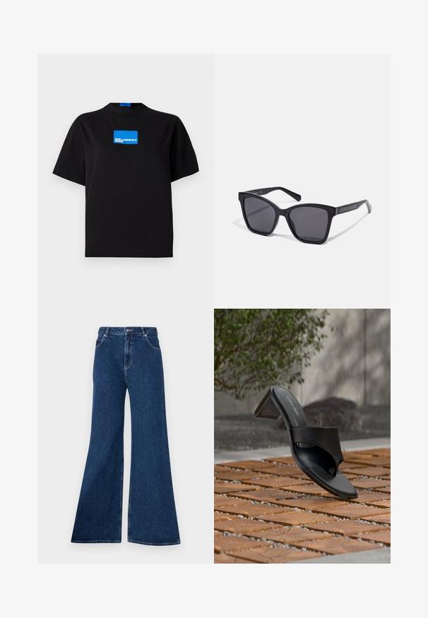 Sort bomulds T-shirt med rund halsudskæring, der har et blåt rektangulært grafisk logo med teksten "KARL LAGERFELD JEANS" på forsiden.; Bredde jeans lavet af denim, med høj talje, fem-lomme design, kontraststikninger og lynlås med knaplukning.; Sort Calvin Klein hælet sandal med tå-loop på trægulv udendørs nær et træ og en stenmur.; Sorte rektangulære solbriller med mørke linser og blanke stel. Har sølvfarvet branding langs siden. Firkantet form med robuste arme.