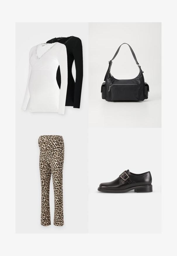 Zwei langärmelige Umstandshirts: eines in Weiß mit Spitzenborte am V-Ausschnitt und eines in Schwarz. Beide bestehen aus einem weichen, elastischen Stoff.; Leopardenmuster-Leggings mit einem tanfarbenen Grund und schwarzen Punkten, aus einem dehnbaren Material gefertigt. Figurbetonter Schnitt mit ausgestelltem Bein.; Schwarze Leder-Dressschuhe mit abgerundeter Zehenform, seitlichem Gürtelverschluss und strukturierter Sohle, vor einem schlichten weißen Hintergrund.; Schwarze Leder-Schultertasche mit runder Form, Reißverschlusstasche auf der Vorderseite und zwei seitlichen Taschen. Verfügt über einen einzelnen verstellbaren Gurt.