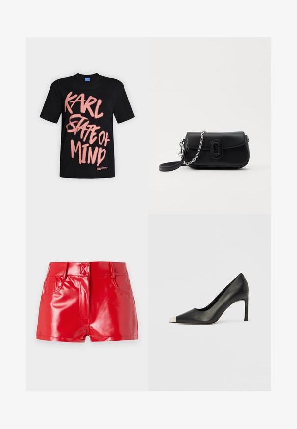T-shirt noir à manches courtes avec un grand texte rose style graffiti "KARL STATE OF MIND" et un petit logo "KARL LAGERFELD JEANS" en bas.; Shorts en simili cuir rouge avec une finition brillante, présentant une taille haute, des poches avant et des détails de couture. Design structuré et ajusté.; Chaussure à talon haut en cuir noir avec bout pointu et capuchon argenté métallique. Présente une finition lisse et un talon fin de 10 cm.; Sac en cuir noir à bandoulière avec chaîne en argent et sangle noire, rabat avant avec détail de logo rectangulaire arrondi, sur fond blanc.