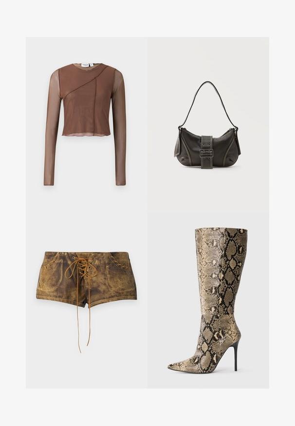 Bruine crop top met lange mouwen gemaakt van doorschijnende stof, voorzien van een ronde halslijn en een asymmetrisch gestikt ontwerp aan de voorkant.; Bruine vetershorts met een gestructureerd oppervlak en contrasterende tan veters. Voorzien van oogjes en een aansluitend ontwerp voor een snug uiterlijk.; Kniehoge stiletto laars met spitse neus en een beige-zwarte slangenleren patroon, weergegeven vanaf de zijkant op een effen achtergrond.; Zwarte leren schoudertas met gespsluiting aan de riem, afgeronde hoeken en contrasterende witte stiksels op een effen achtergrond.