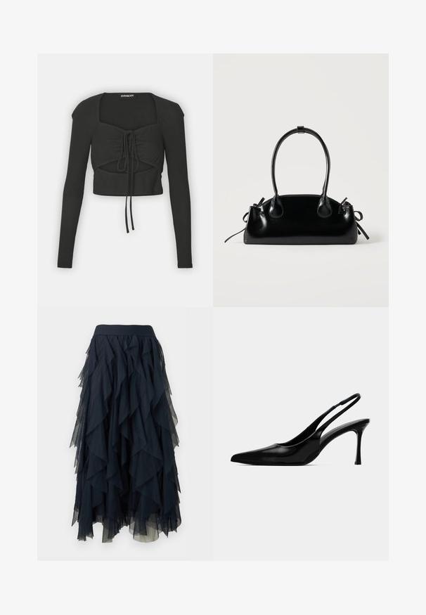 Zwart cropped top met lange mouwen van ribstof, met een vierkante halslijn en een strikdetail aan de voorkant.; Zwarte midi-rok van gelaagd tule met geplooide, watervalvormige panelen en een nauwsluitende tailleband.; Zwarte gepatineerde leren slingback hak met een spitse teen, slank ontwerp en een smalle stiletto hak. Gladde textuur, minimale versieringen.; Kleine zwarte glanzende handtas met twee lange hengsels en zijkant trekkoord details op een effen lichte achtergrond.