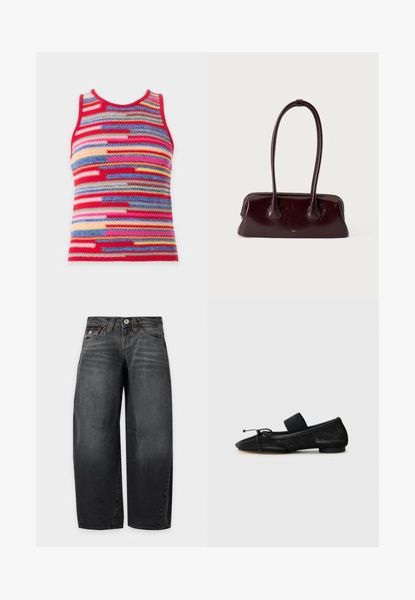 Mouwloos gebreid topje met een hoge ronde hals, met horizontale strepen in rood, blauw, roze, geel en andere kleuren.; Zwarte denim jeans met wijde pijpen, een verbleekte wassing, knoopsluiting aan de voorkant, riemlussen en klassiek vijfzakkenmodel, getoond tegen een effen achtergrond.; Zwarte platte schoen met een spitse neus, gemaakt van gestructureerde stof, met een strikaccent en een kleine, ronde hak. Elastische strap bij de enkel.; Donkerbruine glanzende leren handtas met lange, dunne handvatten en een gestructureerde rechthoekige bodem op een effen lichte achtergrond.