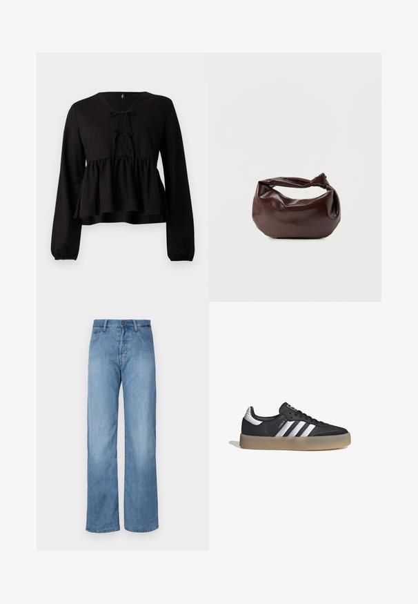 Top negro de mangas largas con escote en V, detalle de lazo en el frente y cintura acampanada. Confeccionado en material suave y con un corte holgado.; Jeans de mezclilla de pierna ancha en un azul claro, con un diseño clásico de cinco bolsillos, cierre de botón y detalles de costura sutiles a lo largo de las costuras.; Zapatilla deportiva de cuero negro con tres rayas plateadas, punta texturizada y suela de goma. Cuenta con un collar acolchado y un diseño con cordones.; Bolso de hombro de cuero marrón oscuro con una forma suave y caída, y un asa con nudo torcido sobre un fondo blanco liso.