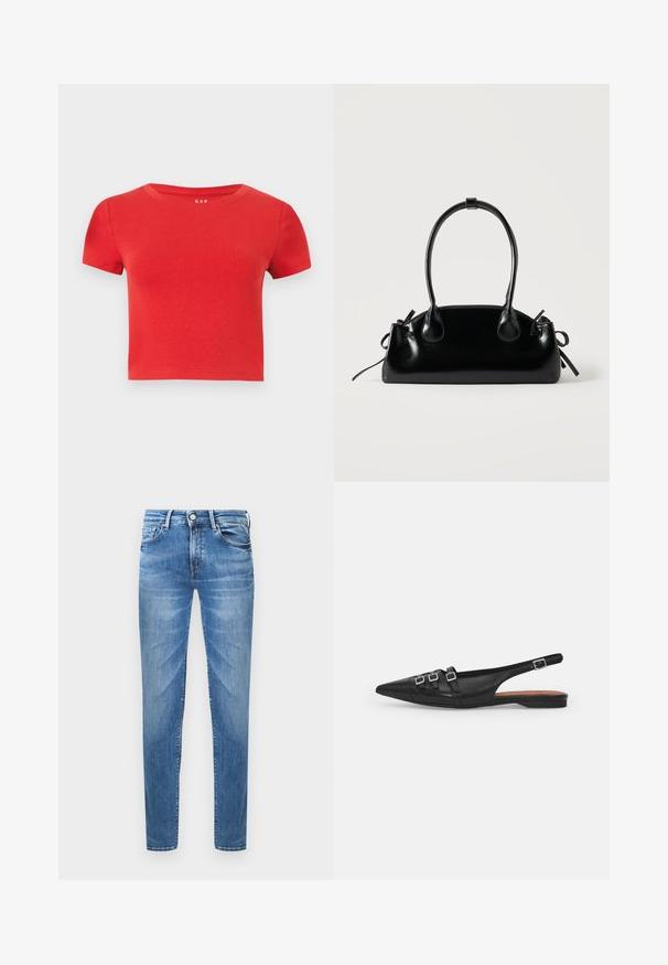 Rode katoenen t-shirt met korte mouwen, een ronde halslijn en een aansluitend ontwerp. Glad textuur met minimale details.; Lichtblauwe denim jeans met een slim fit. Kenmerken zijn een knoopsluiting, vijf zakken en een gewassen textuur op de dijen.; Zwarte leren slingback ballerina met spitse neus, voorzien van twee horizontale bandjes en vierkante zilveren gespen, lage hak en een gladde textuur.; Kleine zwarte glanzende handtas met twee lange hengsels en zijkant trekkoord details op een effen lichte achtergrond.
