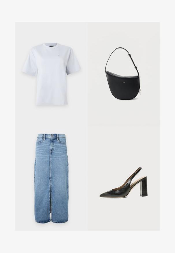 Wit T-shirt met korte mouwen en een ronde hals met een klein geborduurd logo op de linkerborst.; Denim maxi rok in lichtblauw met een split aan de voorkant, knoopsluiting en vijf zakken. Heeft klassieke stiksels en een rechte pasvorm.; Zwarte leren slingback schoen met spits toelopend neusje, hoge blokhak en beige binnenvoering tegen een effen lichte achtergrond.; Zwarte halfmaansvormige leren schoudertas met verstelbare riem en goudkleurig "BOSS"-logo middenvoor.