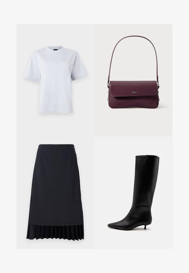 T-shirt blanc à manches courtes avec col rond et petit logo brodé sur la poitrine gauche.; Jupe crayon noire avec un ourlet plissé, coupe ajustée et texture lisse. Comprend une fermeture éclair latérale discrète et des détails minimalistes.; Botte noire en cuir jusqu'au genou avec bout pointu et petit talon kitten sur un fond clair uni.; Sac à main en cuir bordeaux au design structuré, avec une fermeture à rabat et une bandoulière ajustable. Détail du logo embossé sur le devant.