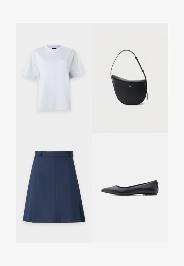 Wit T-shirt met korte mouwen en een ronde hals met een klein geborduurd logo op de linkerborst.; Navyblauwe A-lijn rok van gladde stof, met twee decoratieve knopen op de taille en subtiele naden aan de zijkant.; Zwarte platte leren schoen met puntige neus en lage hak, zijaanzicht tegen een witte achtergrond.; Zwarte halfmaansvormige leren schoudertas met verstelbare riem en goudkleurig "BOSS"-logo middenvoor.
