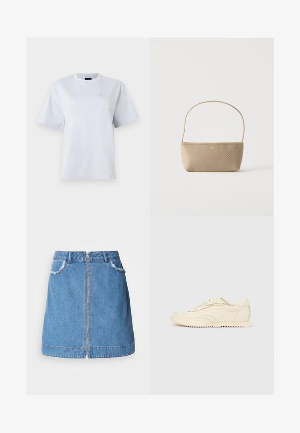 Camiseta blanca de manga corta con cuello redondo y un pequeño logo bordado en el pecho izquierdo.; Falda de mezclilla azul claro con cremallera en el frente, bordes de los bolsillos deshilachados y un diseño recto. El dobladillo tiene una ligera curvatura.; Zapatilla de perfil bajo color crema con costuras onduladas, cierre de cordones y suela acanalada, mostrada de lado sobre un fondo liso.; Bolso tejido beige con correa delgada para el hombro y pequeño logo dorado "BOSS" en el frente, presentado sobre un fondo blanco liso.