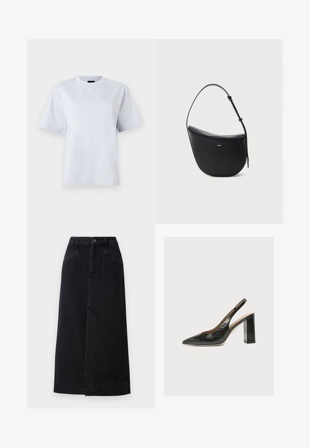 Weißes T-Shirt mit kurzen Ärmeln und Rundhalsausschnitt mit kleinem gesticktem Logo auf der linken Brust.; Schwarzer Denim-Midikleid mit gerader Form, Druckknopfverschluss vorne und seitlichen Taschen mit dezenten Nähte.; Schwarzer Leder-Damenslingback-Schuh mit spitzer Zehenpartie und dickem hohem Blockabsatz vor weißem Hintergrund.; Schwarze halbmondförmige Lederschultertasche mit verstellbarem Schulterriemen und goldenem "BOSS"-Logo mittig vorne.