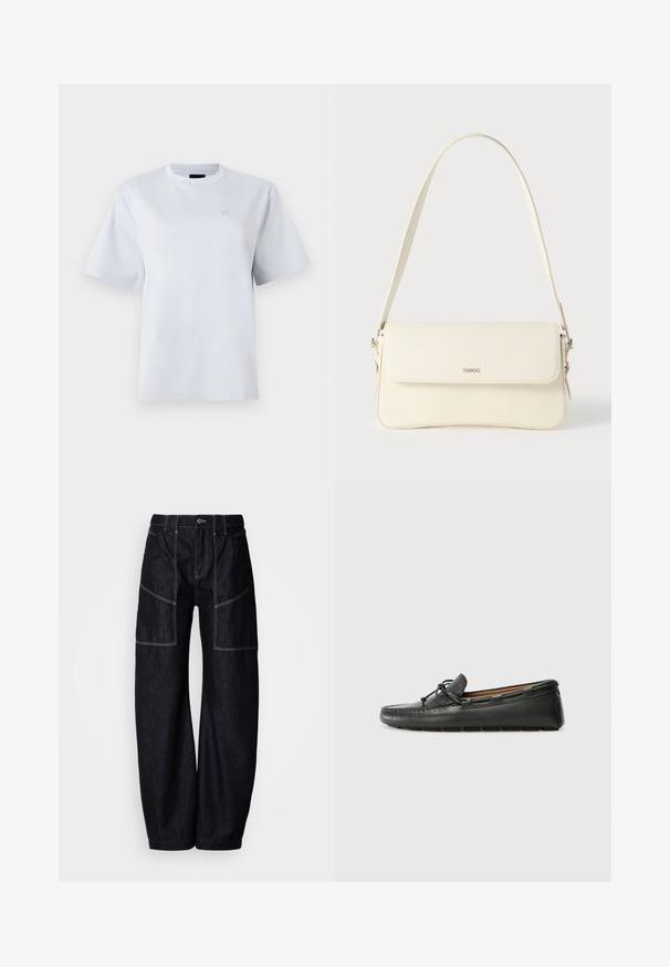 T-shirt blanc à manches courtes avec col rond et petit logo brodé sur la poitrine gauche.; Pantalon large en denim foncé avec plusieurs poches à l'avant, surpiqûres contrastantes et fermeture par bouton à la taille. Texture lisse et design décontracté.; Bateau en cuir noir avec un bout arrondi, des détails de couture, un petit accent en nœud et une semelle en caoutchouc. Texture lisse et design épuré.; Sac à bandoulière en cuir couleur crème avec fermeture à rabat, quincaillerie argentée, une bandoulière réglable et un logo discret.