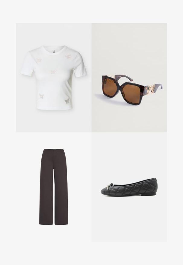 T-shirt blanc court à manches courtes avec cinq petits papillons en strass sur le devant.; ICHI IHKATE WIDE PA2 - Pantalon classique - chocolate torte; Ballerine noire en cuir matelassé avec un petit nœud et des embouts métalliques sur l'avant, dotée d'une semelle plate basse.; Lunettes de soleil teintées de marron avec une forme hexagonale, monture en écaille de tortue et branches accentuées de doré avec un détail de logo.