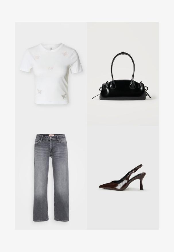 Witte korte mouw crop-top met vijf kleine vlindervormige strassversieringen aan de voorkant.; Grijze denim jeans met een recht gesneden ontwerp, vijf zakken stijl, subtiele vervaging en een knoopsluiting in de taille.; Bruine gepatineerde leren slingback pumps met een spitse neus, een dunne hak en een verstelbaar bandje met een kleine gesp.; Kleine zwarte glanzende handtas met twee lange hengsels en zijkant trekkoord details op een effen lichte achtergrond.
