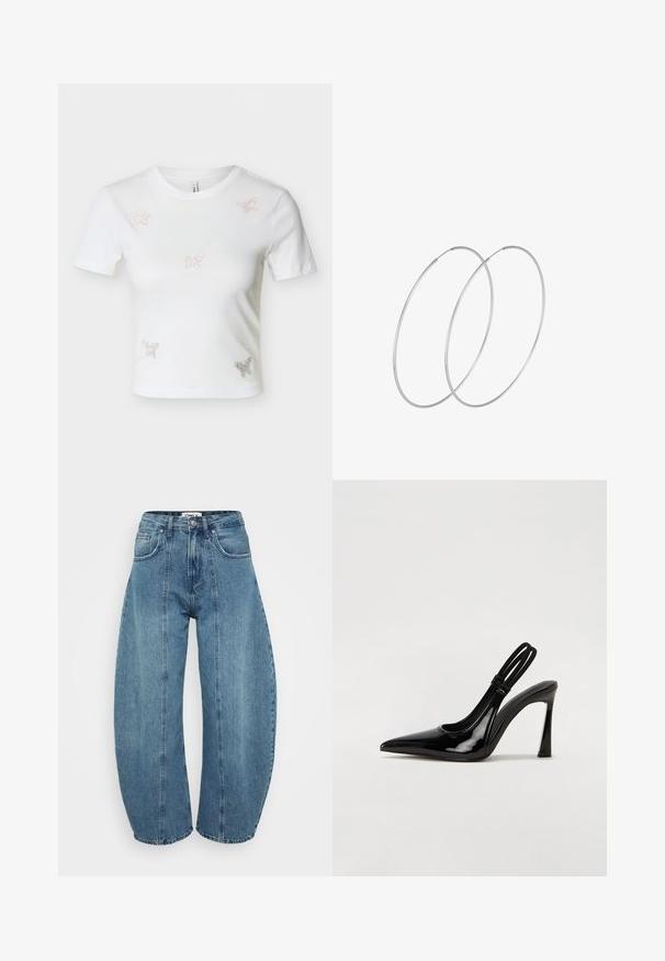 Camiseta blanca corta de manga corta con cinco pequeños adornos de mariposas de pedrería en el frente.; Vaqueros de tiro alto en azul claro, fabricados en denim, con corte de pata ancha, cinco bolsillos y detalles de costura. Textura suave con un acabado limpio.; Zapato de tacón con tirante en negro de charol, punta afilada, tacón alto y delgado, y doble tira elástica para un ajuste seguro. Superficie suave y brillante.; Pendientes de aro plateados con un diseño minimalista. Forma circular, textura suave y perfil delgado. Livianos con un acabado pulido.
