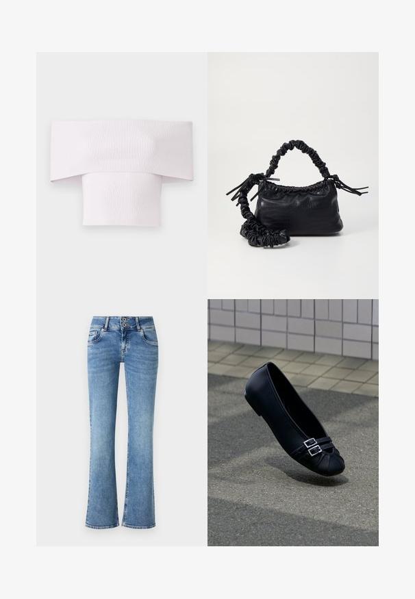 Top de canalé en rosa claro con escote off-the-shoulder y cuerpo ajustado. Textura suave con detalle de canalé vertical.; Jeans de mezclilla azul de campana con cintura alta, cierre de doble botón, cinco bolsillos y detalles cosidos en las costuras.; Zapato plano de ballet de cuero negro con dos hebillas plateadas sobre pavimento texturizado cerca de una pared con azulejos.; Bolso de mano de imitación cuero negro con textura de cocodrilo, parte superior fruncida y correa arrugada. Presenta un diseño suave y compacto.