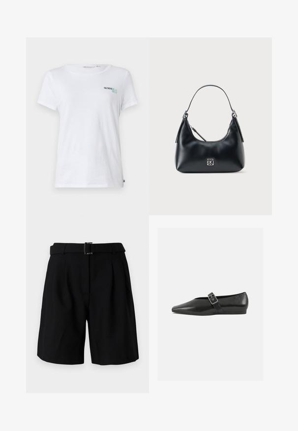 Hvid bomulds t-shirt med korte ærmer, der har "SUMMER CLUB" broderet i teal og grøn på venstre brystområde. Klassisk rund halsudskæring.; Sorte skræddersyede shorts med en glat tekstur, der har en bred talje og en metal spænde detalje. Struktureret design og plisseret front.; Sorte læder flade sko med spidse tæer, prydet med en metallisk spænde over vristen og en lav, fleksibel sål.; Sort læder skuldertaske med et enkelt håndtag, lynlåslukning og et lille kvadratisk sølvlogo på forsiden.