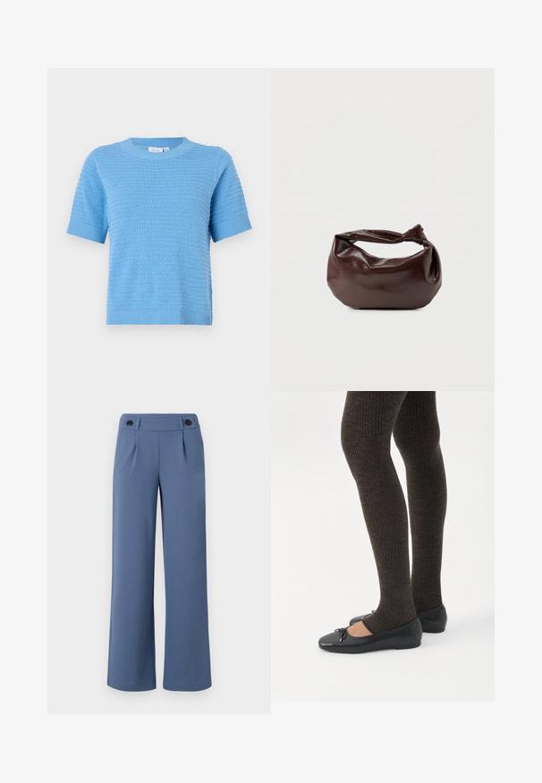 Lichtblauw gebreid topje met korte mouwen, een gestructureerd patroon, een ronde halslijn en geribbelde accenten aan de mouwen en zoom.; Blauwe wijde broek gemaakt van soepele stof, met een vlakke voorkant, twee plooien en twee zwarte knopen op de tailleband.; Benen met donkere geribbelde leggings gecombineerd met zwarte ballerina's met kleine strikdetails op een witte achtergrond.; Donkerbruine leren schoudertas met een zachte, slungelige vorm en een gedraaide knoopvormige handgreep op een effen witte achtergrond.