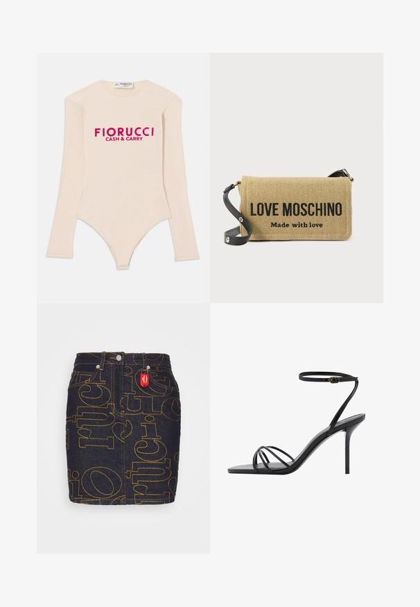 Langærmet nude bodysuit lavet af blødt stof, med en scoop-halsudskæring og en iøjnefaldende pink "Fiorucci CASH & CARRY" logo på tværs af brystet.; Fiorucci EMBROIDERED DENIM MINI SKIRT - Mini skirts - brown; Sorte høje sandaler med en tynd ankelrem, flere korslagte remme over foden og et elegant kvadratisk tådesign.; Beige vævet crossbody-taske med sort justerbar rem, med fed sort "LOVE MOSCHINO Made with love"-tekst på den forreste klap.