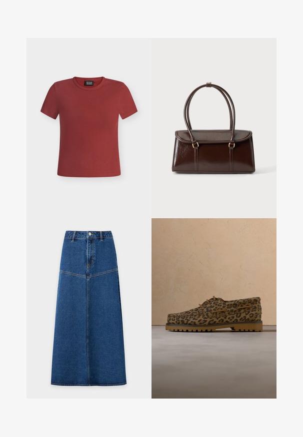 Top court à manches courtes, côtelé, rouge foncé, col rond avec petite étiquette Scotch & Soda Amsterdam à l'intérieur du col.; Jupe midi en denim bleu avec boutons sur le devant et détails de couture, légèrement évasée de la taille à l'ourlet sur fond blanc.; Mocassins à imprimé léopard marron et noir, semelle épaisse en caoutchouc beige, et lacets marron, posés sur un tapis beige devant un canapé beige.; Sac à main rectangulaire en cuir marron foncé avec deux anses en boucle et une fermeture à rabat sur un fond clair uni.