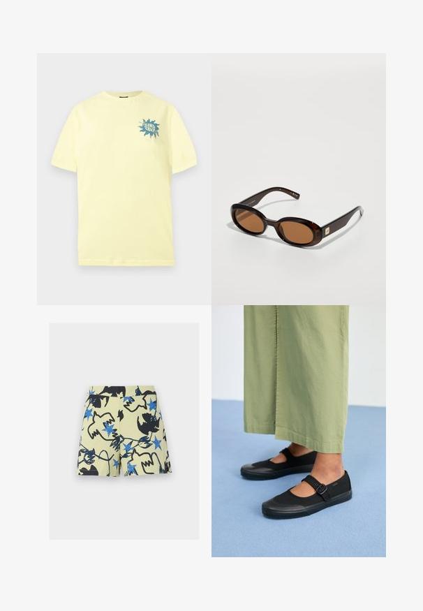 Hellgelbes T-Shirt mit kurzen Ärmeln, kleinem blauen Sonnenmotiv und dem Schriftzug "Santa Cruz" auf der linken oberen Brust.; Kurze beige Shorts mit einem abstrakten Muster aus schwarzen Vögeln und blauen Sternen, die über den Stoff verstreut sind.; Schwarze Leinenschuhe mit runder Spitze, Gummisohle und einer Schnallenriemen. Kombiniert mit lockeren, hellgrünen Hosen.; Braune Schildpatt-Sonnenbrille mit ovalen Gläsern, ausgestattet mit einem dünnen Rahmen und einem kleinen metallischen Akzent an der Seite. Texturierte und polierte Oberfläche.