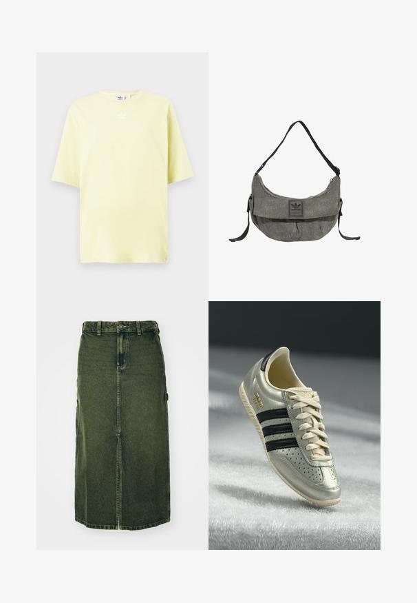 Helles gelbes Adidas T-Shirt mit kurzen Ärmeln und kleinem weißen Trefoil-Logo in der Mitte nahe dem Ausschnitt.; Grünes Denim-Kleid mit mittellangem Schnitt, vorderem Schlitz, Knopfschluss und Gürtelschlaufen. Die Textur ist leicht verblasst, mit Seitentaschen.; Hellgraue Leder-Sneaker mit schwarzen Streifen, durchbrochenen Details, beigen Schnürsenkeln und einem goldenen Logo-Patch. Strukturierte Gummisohle.; Graue Adidas Schultertasche aus Stoff mit schwarzem verstellbarem Riemen und einer Frontklappe mit Adidas-Logo-Patch.