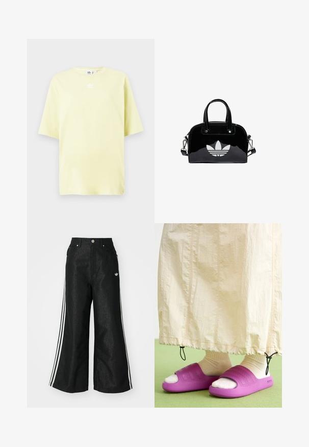 Camiseta de Adidas de color amarillo claro, con mangas cortas y pequeño logo trefoil blanco en el centro cerca del escote.; Pantalones de denim anchos y negros con tres franjas blancas en cada lado y un pequeño logo blanco. Cuenta con bolsillos frontales y un cierre de botón.; Chanclas de goma moradas con un diseño de banda texturizada, llevadas sobre calcetas de color crema, combinadas con una falda color beige claro. Suelo verde.; Bolso de mano de charol negro con forma redondeada, dos asas en la parte superior, acentos plateados y un prominente logotipo blanco en la parte delantera.